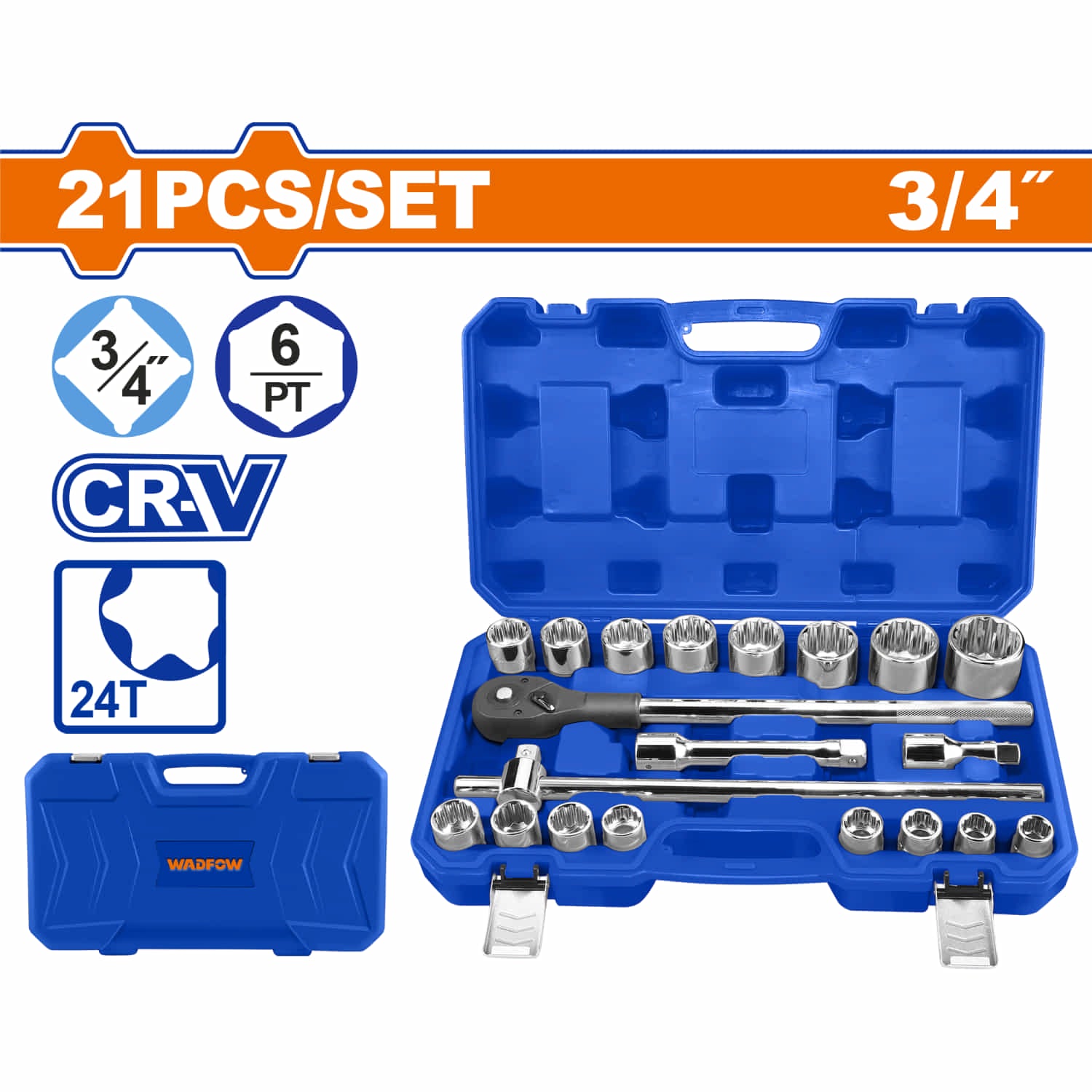 Dados Socket de 3/4" 21 piezas 24 dientes Cr-V Cromado de Tratamiento Térmico. Se vende en Juego Set