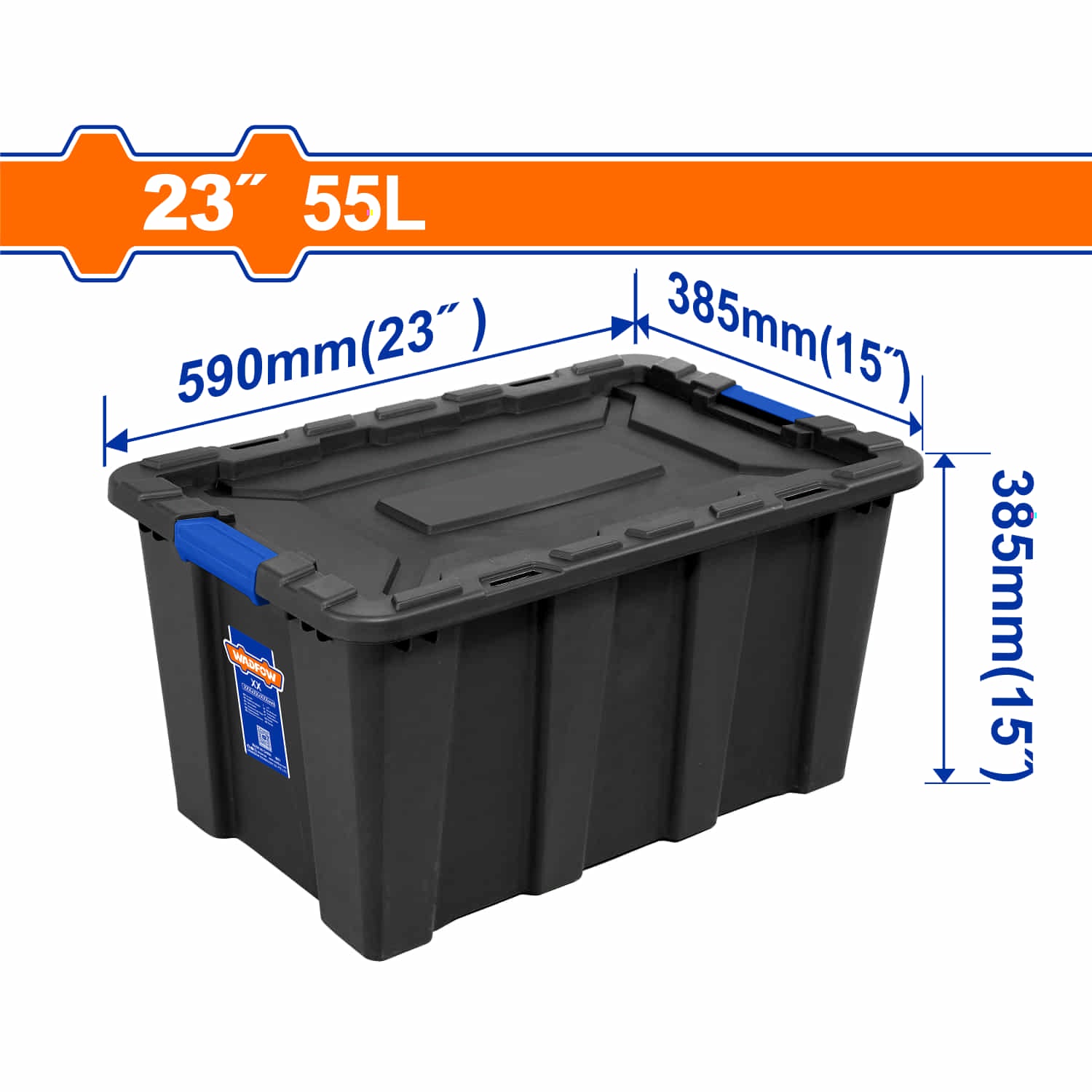 Caja plastica Contenedor de almacenamiento plástico 55L. 590x385x385mm. Hebilla de plástico. Peso: 3100g.