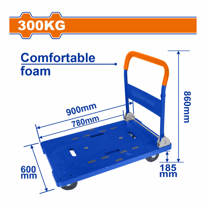 Carretilla de plataforma plegable 300 Kg. Mango de acero con espuma ergonómica.Tamaño de la plataforma: 780x600mm. Carreton con Ruedas trolley.