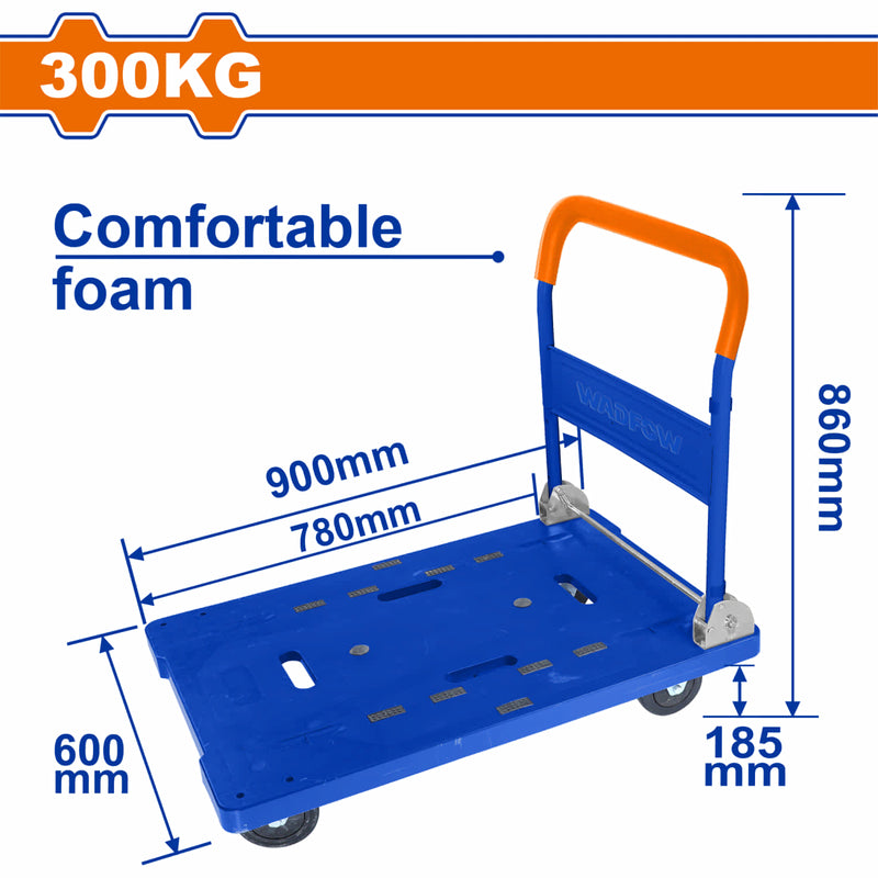 Carretilla de plataforma plegable 300 Kg. Mango de acero con espuma ergonómica.Tamaño de la plataforma: 780x600mm. Carreton con Ruedas trolley.