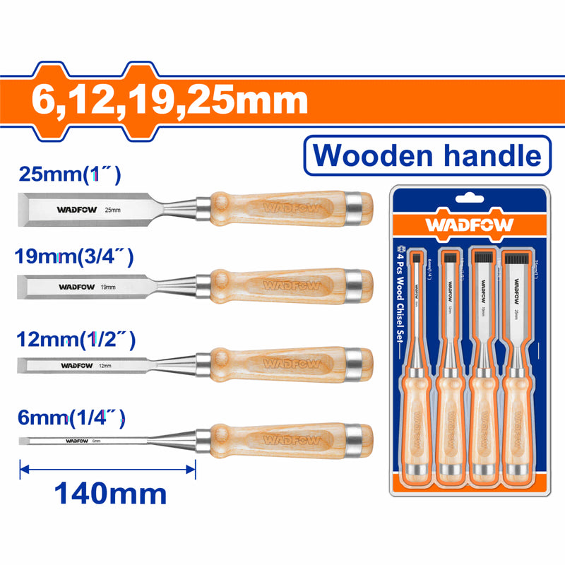 Cinceles de madera 6,12,19 y 25mm. Mango de madera. 140mm. Se vende en set de 4 pzs.