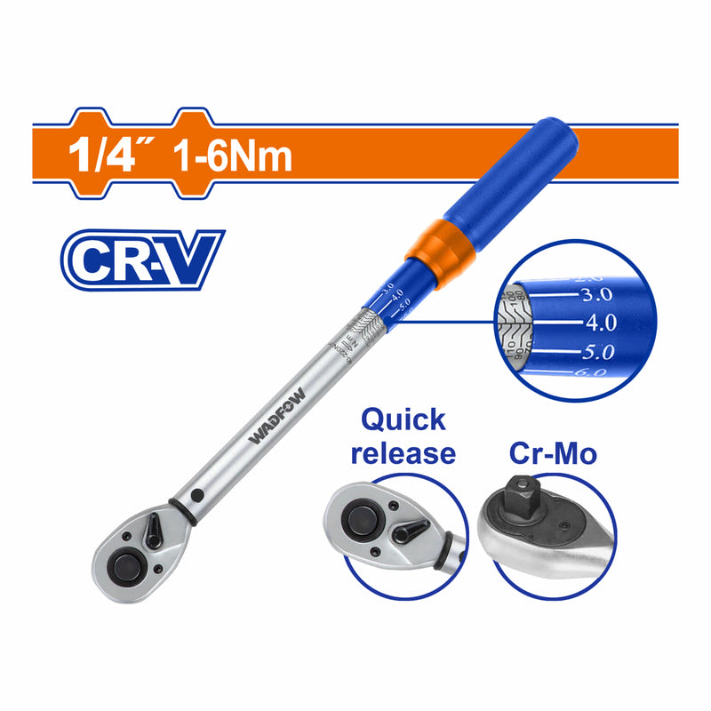 Torquímetro 1/4" 1-6N.m. Cr-V. Liberación rápida. Cr-Mo. Long: 209mm. Tolerancia de torque: ±4%