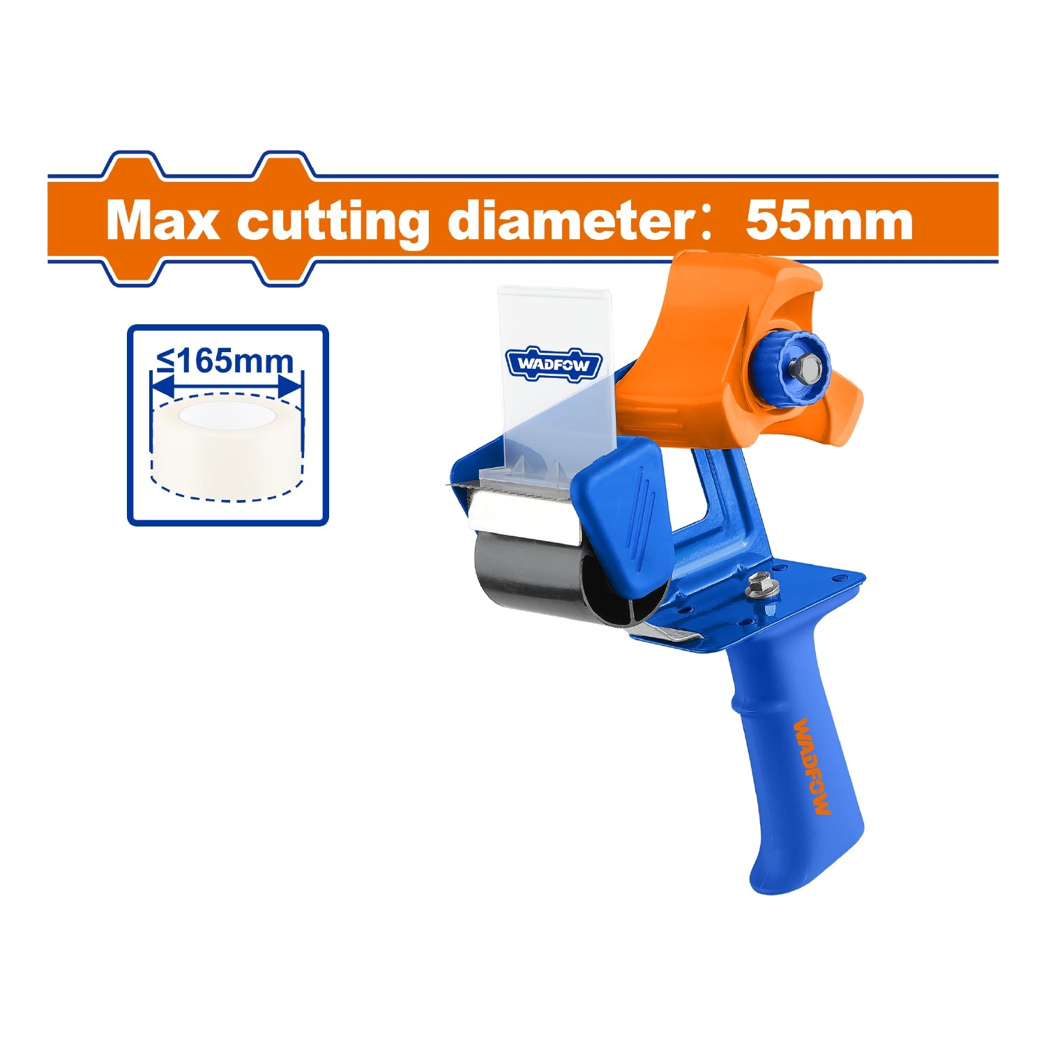 Dispensador de Cinta Adhesiva de 165mm Diámetro Corte: 55mm con Perilla Ajustable. Cinta Embalaje