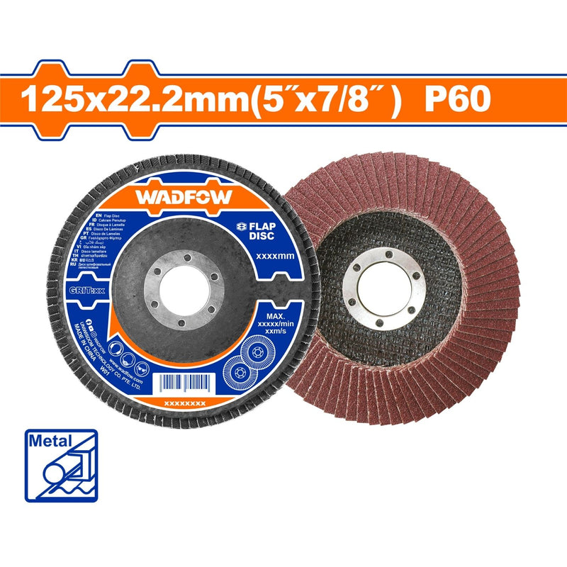 Disco Flap de Lija Laminado de 125 mm (5”) x 22.2 mm (7/8”), P60. Adecuado para diversos acero alto, fundido y chapa