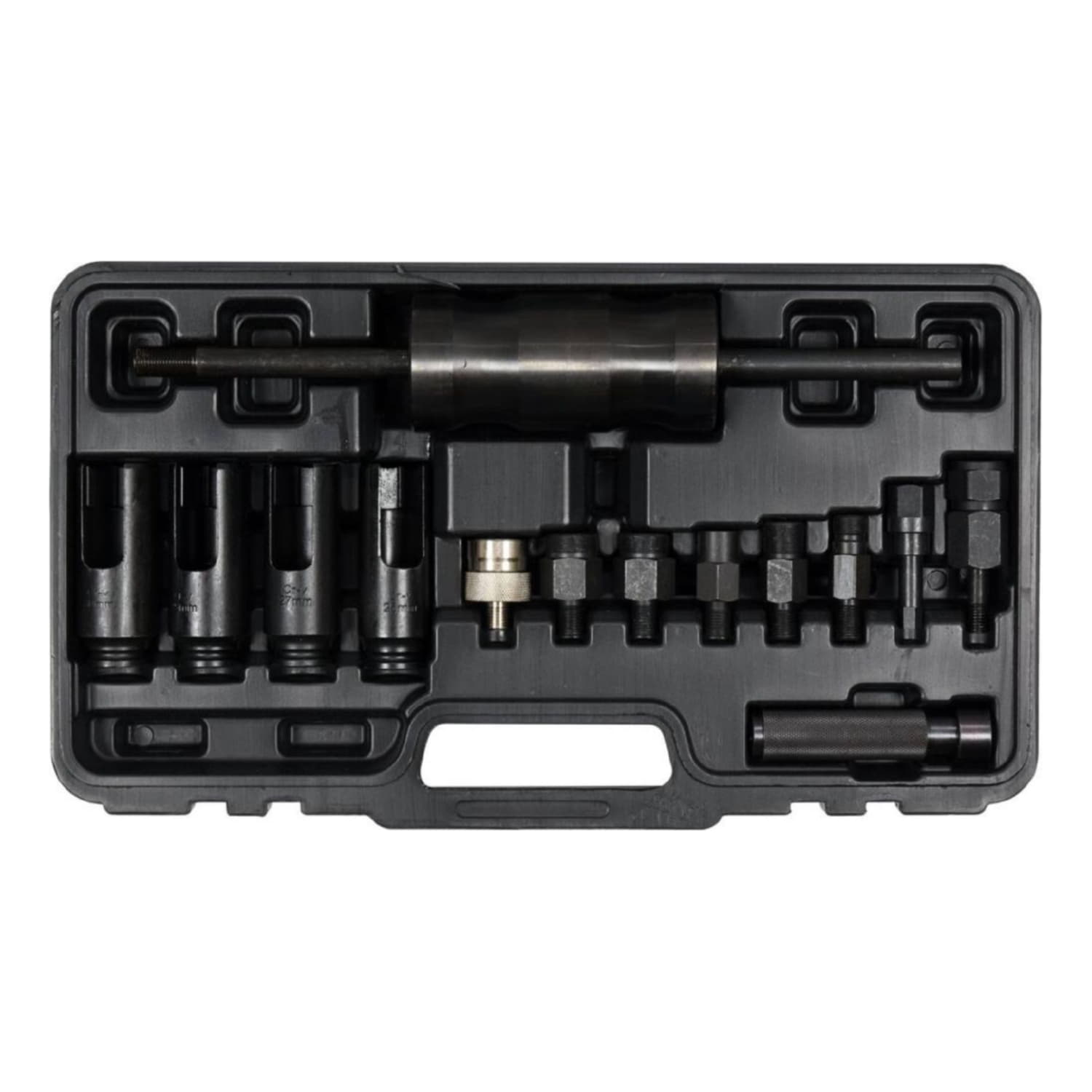 Extractor De Inyectores. Contenido: Martillo Deslizante, 4pzs 1/2'' Sockets -25/ 27/ 29/ 30M, Llave Antirrobo, 5pzs Adaptadores (Bosch, Delphi, Denso, Siemens). Juego de 14 piezas.