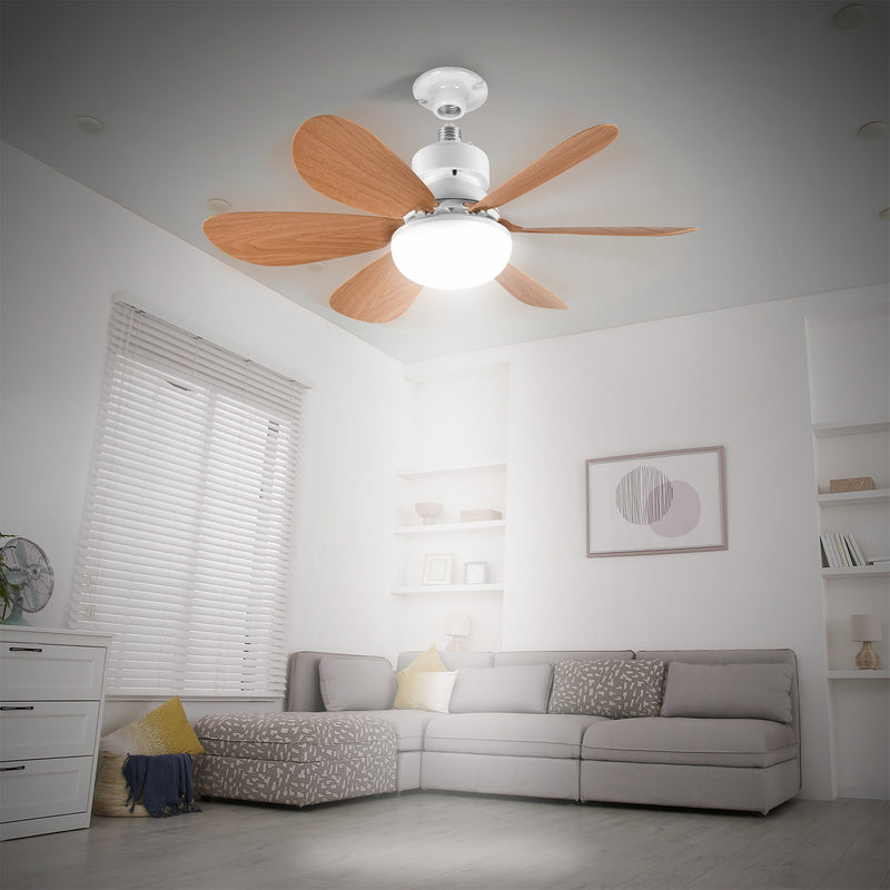 Abanico De Techo 20" aspas madera socket E27 Con Luz Led Tono ajustable 3000/4000/6500K, 1900 Lumens 6 Aspas 3 CCT 520X185mm