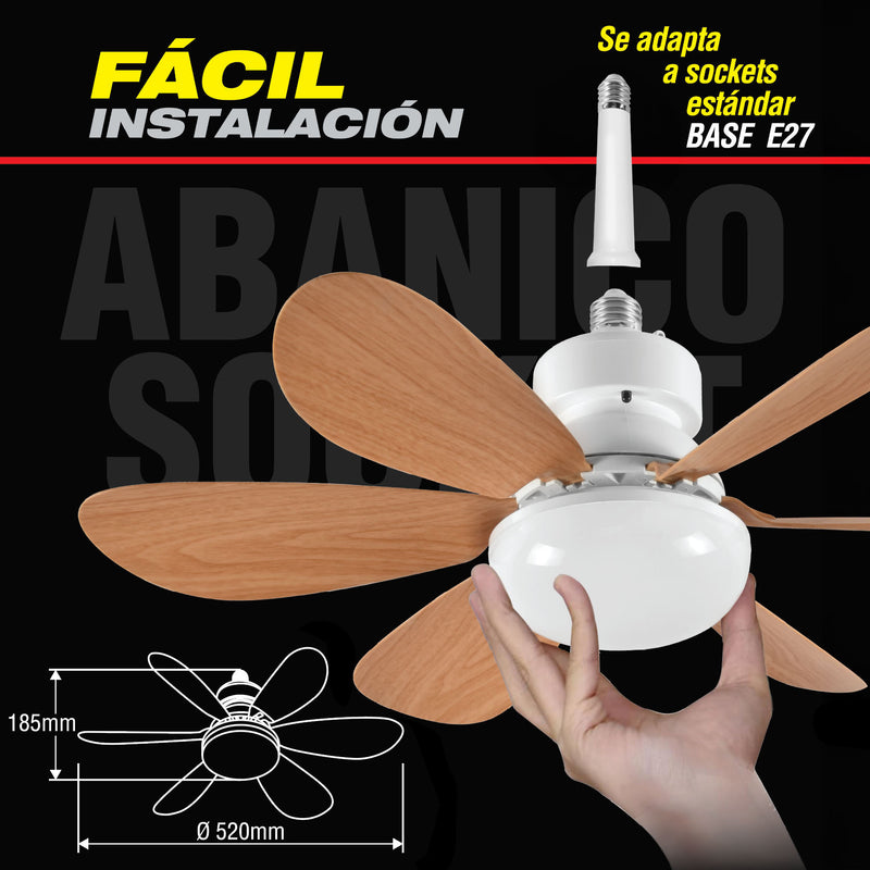 Abanico De Techo 20" aspas madera socket E27 Con Luz Led Tono ajustable 3000/4000/6500K, 1900 Lumens 6 Aspas 3 CCT 520X185mm