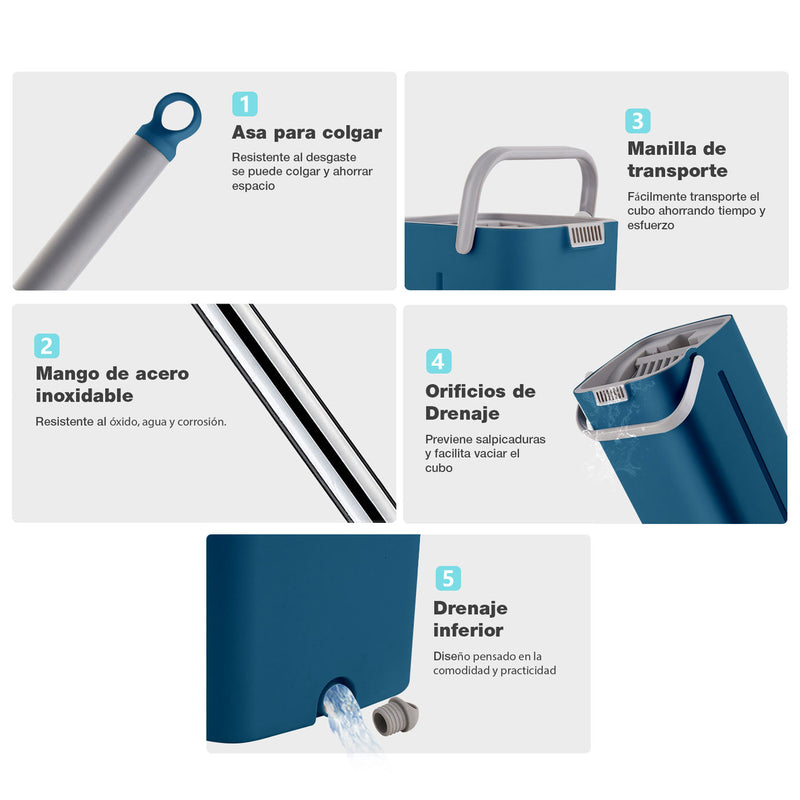 Trapeador Mop Plano de microfibra con Cubo Exprimidor.