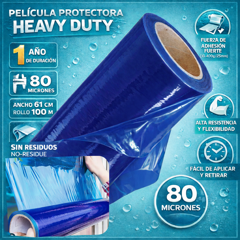 Rollo de plastico azul protector de alta calidad, 1 año de duracion ,80 micrometros de espesor, 610mm de ancho para protejer vidrios , aluminio