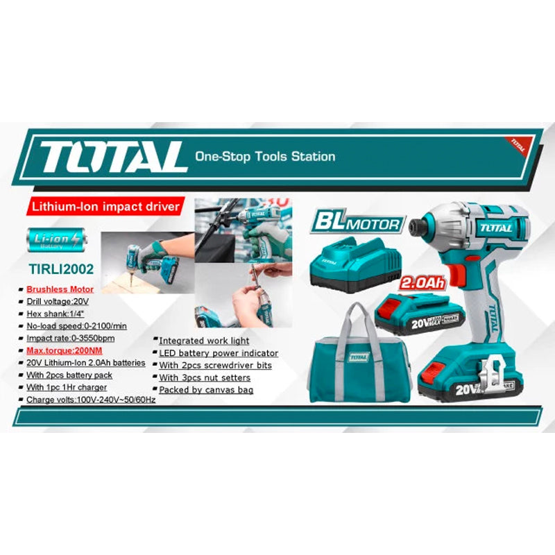 Llave impacto drill dado hexagonal 1/4" litio 20V. Brushless sin escobillas Torque 170NM Incuye 2 Bateria +cargador