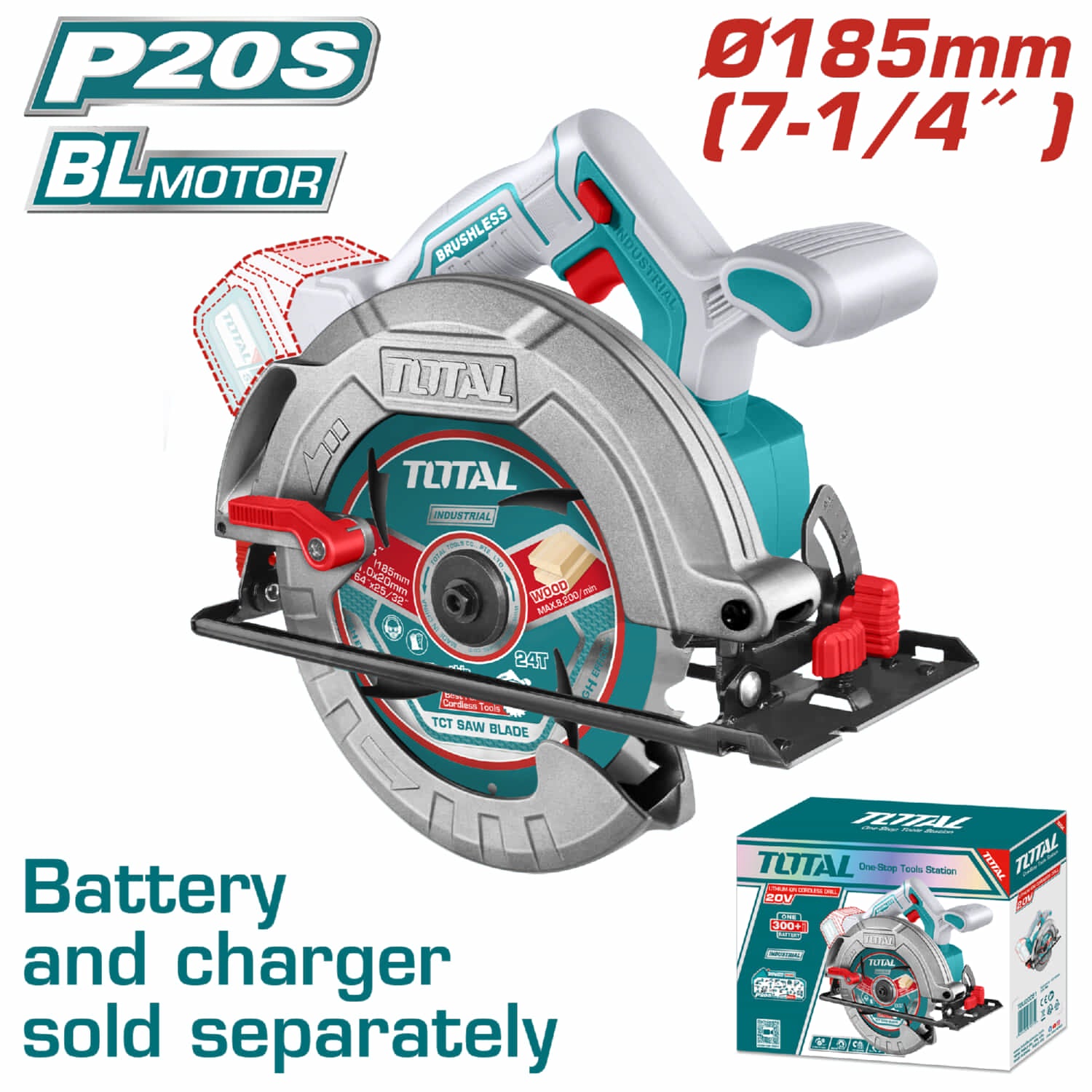 Sierra Circular 20V 7 1/4" 185mm. Motor sin escobillas. 4800rpm. Batería y cargador por separado.