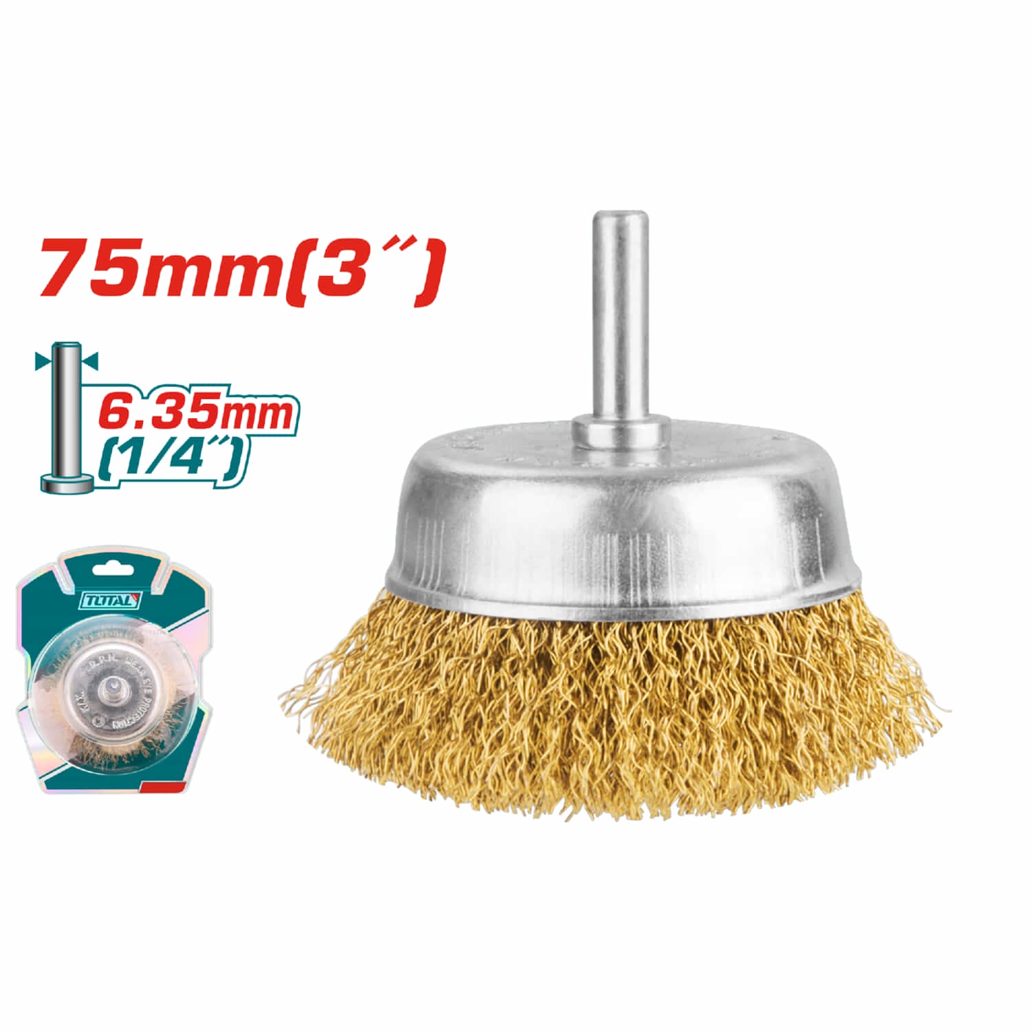 Cepillo de alambre de copa circular con vastago de 75mm. Para taladro. Diámetro del vastago: 6.35 mm