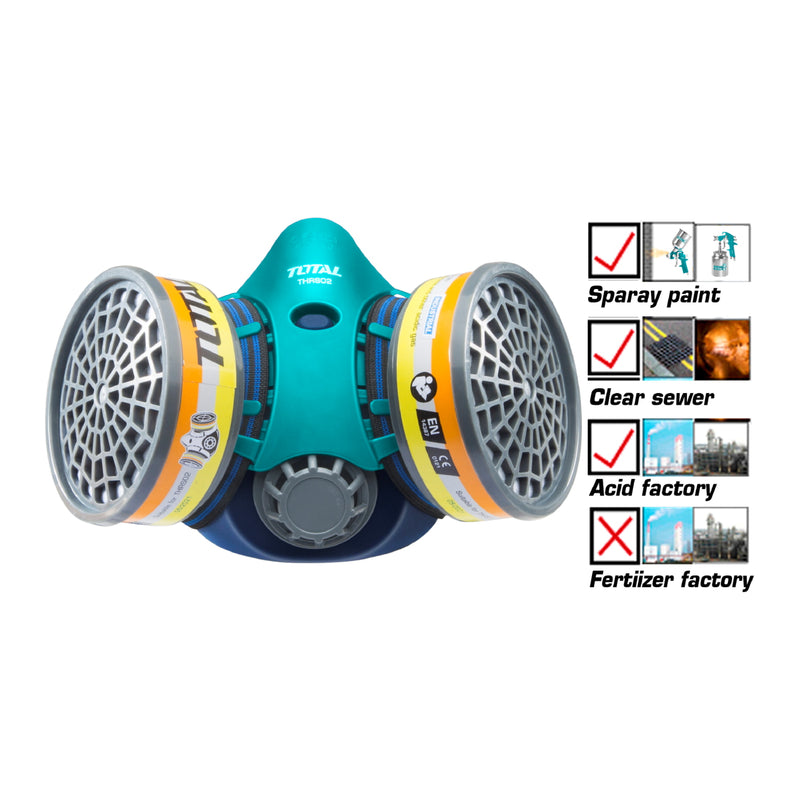 Respirador con 2 filtros. Protec grd 1.Gases organicos/inorganicos, SO2 y otros gases acidicos