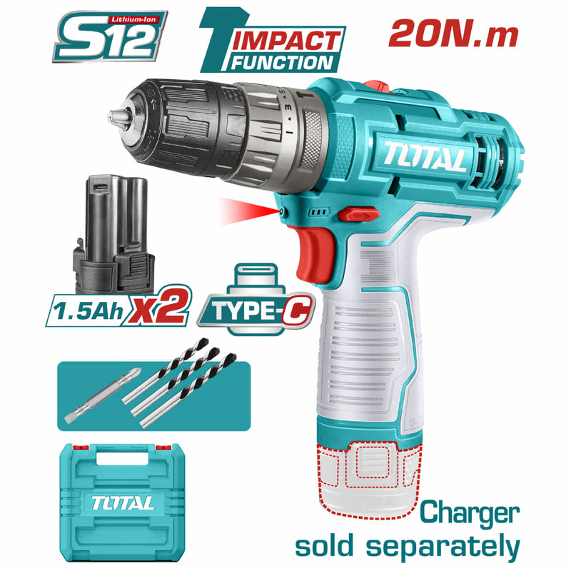 Drill Taladro Inalámbrico 3/8" 12V Función Impacto 0.8-10mm 20Nm Luz LED. No incluye cargador. Super Total