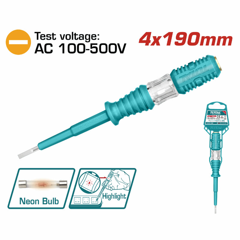 Lapiz Tester para Medir Voltaje AC 100-500 V. Tamaño de la Ranura 4 x 190 mm. Viene en Blister.