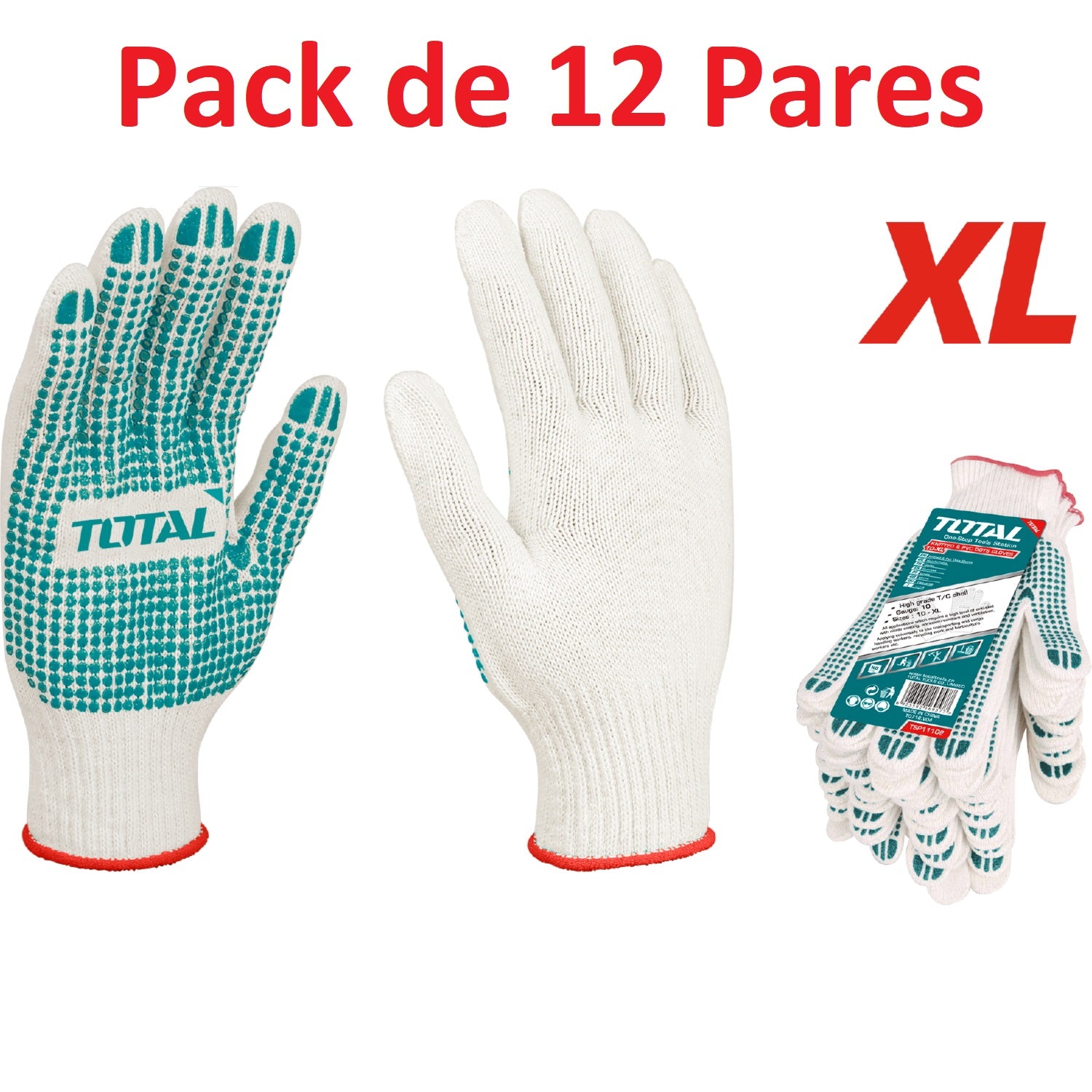 Guantes de puntos de PVC ( 12 Pares ) . Calibre 10. medida 10 (XL).