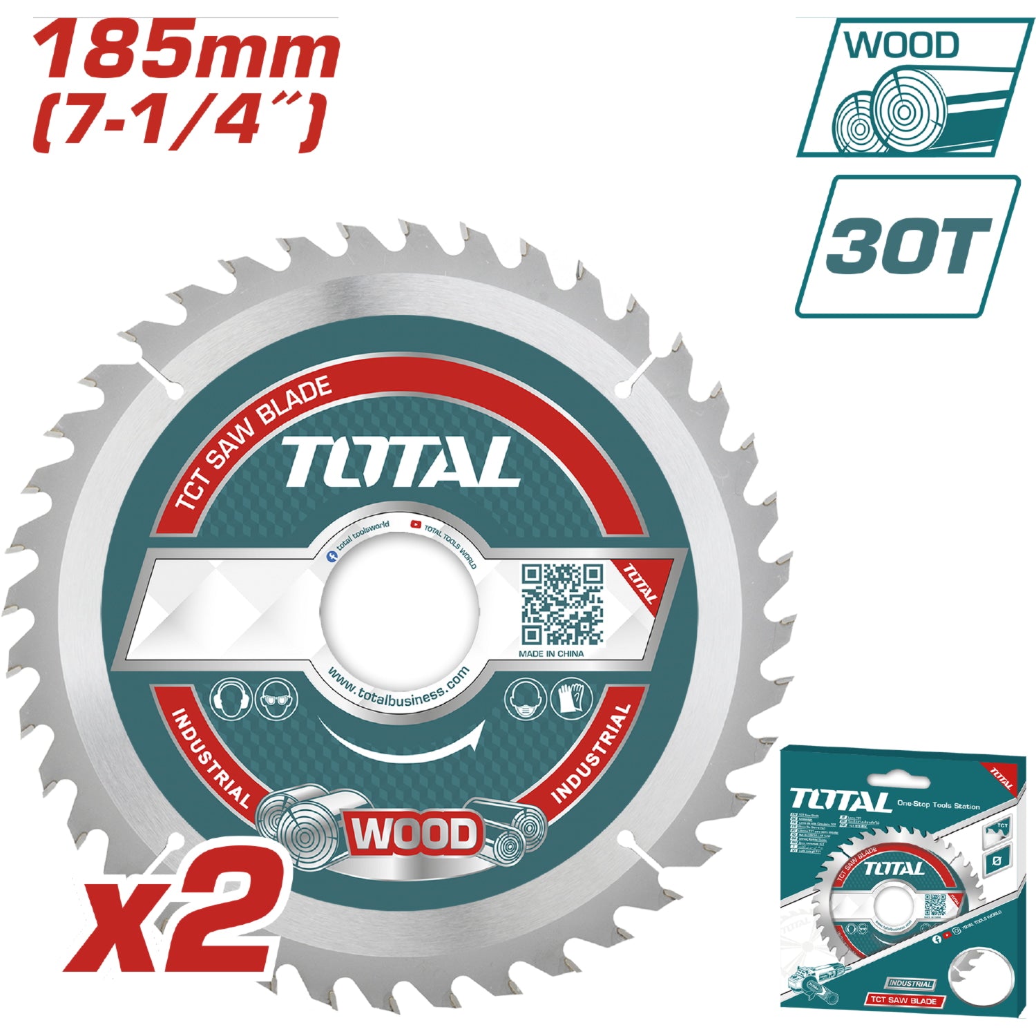 Set de (2pcs) Sierras de corte TCT para madera 185 mm (7-1/4") 30T, Mandril de 20mm.