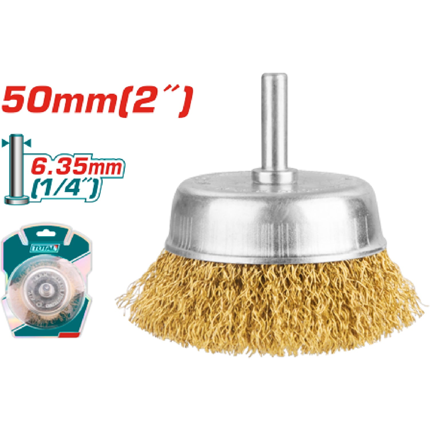 Cepillo de alambre de copa circular con vastago de 50mm. Para taladro. Diámetro del vastago: 6.35 mm