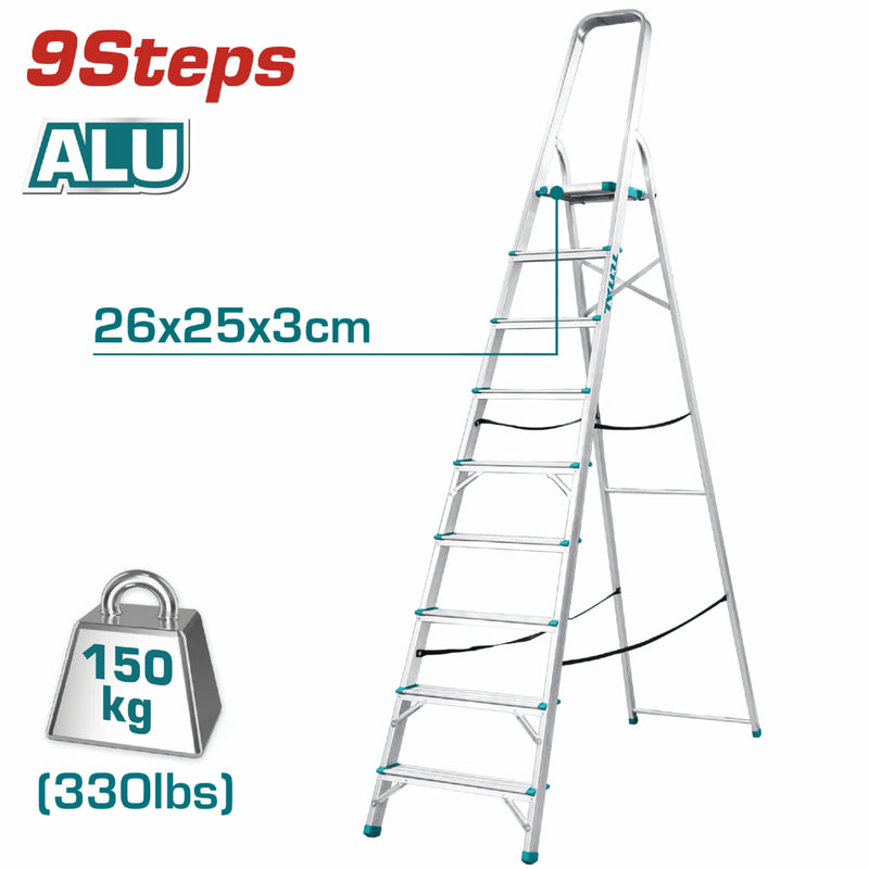 Escalera de Tijera Total 8 pies altura 9 peldaños. Resistencia 150 kg (330 lbs) Alta calidad/durable