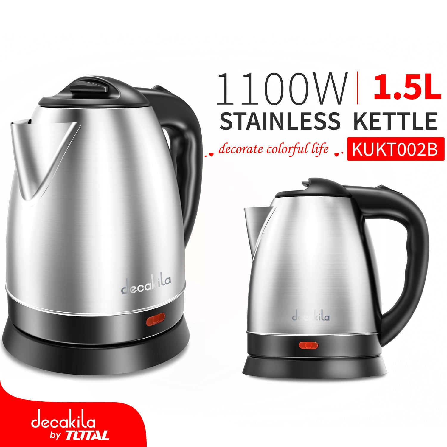 Tetera hervidor de agua 1100W 1.5lts. Acero inoxidable