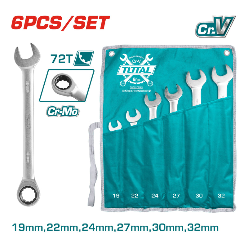 6pza juego llaves/combinacion rachet para tuercas 19,22,24,27,30,32mm. Cr-Mo72.
