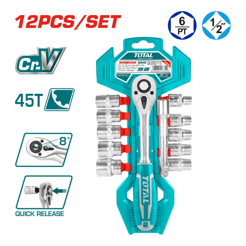rachet c/socket 12PZA 1/2" 50BV30 CrV Medidas 10,11,12,13,14,15,17,19,21,24mm 1pcs 5" ext bar.