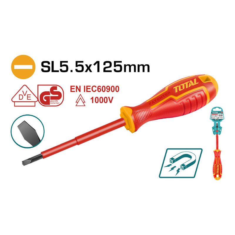 Destornillador insulado de paleta 5.5 mm. Largo 125 mm. Cr-V. 1000volts. Certificado VDE