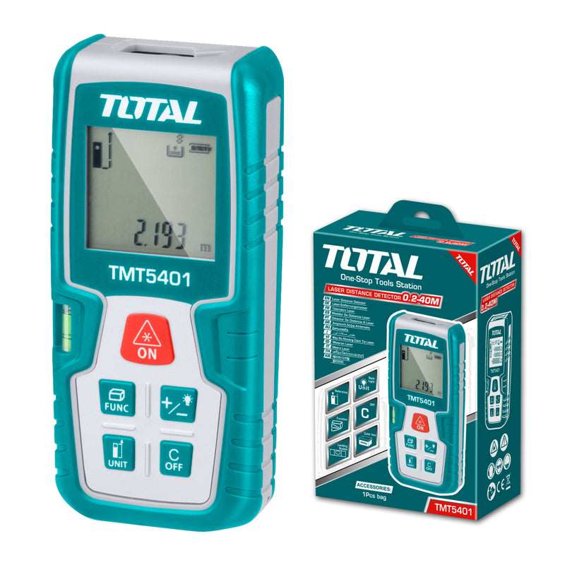 Medidor laser rango 0.05-60mts.Exactitud ±2.0mm. 620~690nm, <1mW  IP54.baterias.AA