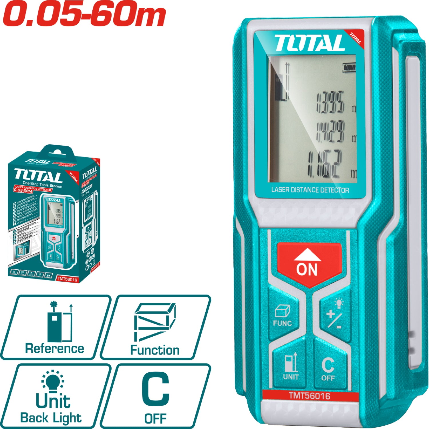Medidor laser rango 0.05-60mts.Exactitud ±2.0mm. 620~690nm, <1mW  IP54.baterias.AA