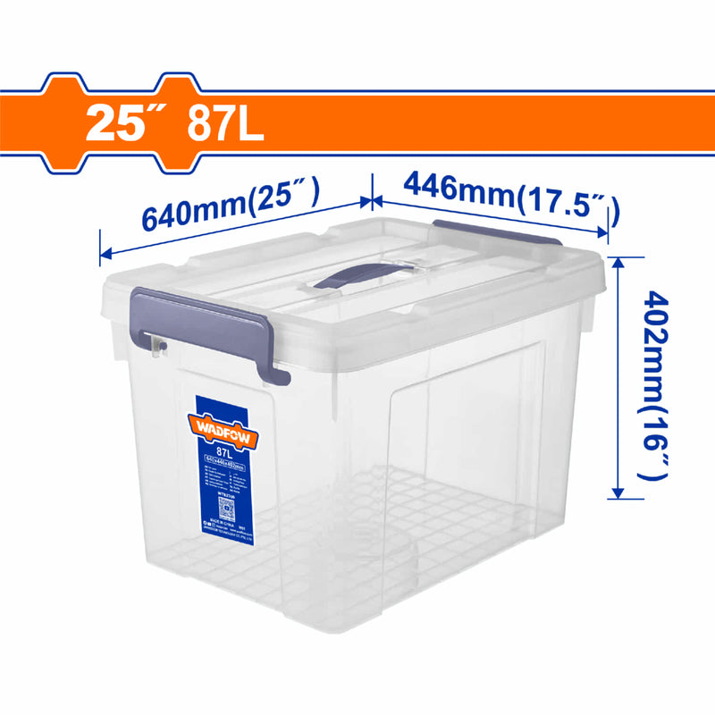Caja plastica de Almacenamiento Plástico 87L. 640x446x402mm Peso: 2201g. Tapa con asa. Hebilla de plástico.