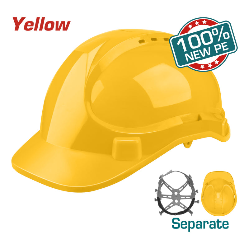 Casco de Seguridad Color Amarillo. 8 Puntos de Suspension. Ajustable. Carcasa de PE con Respiraderos