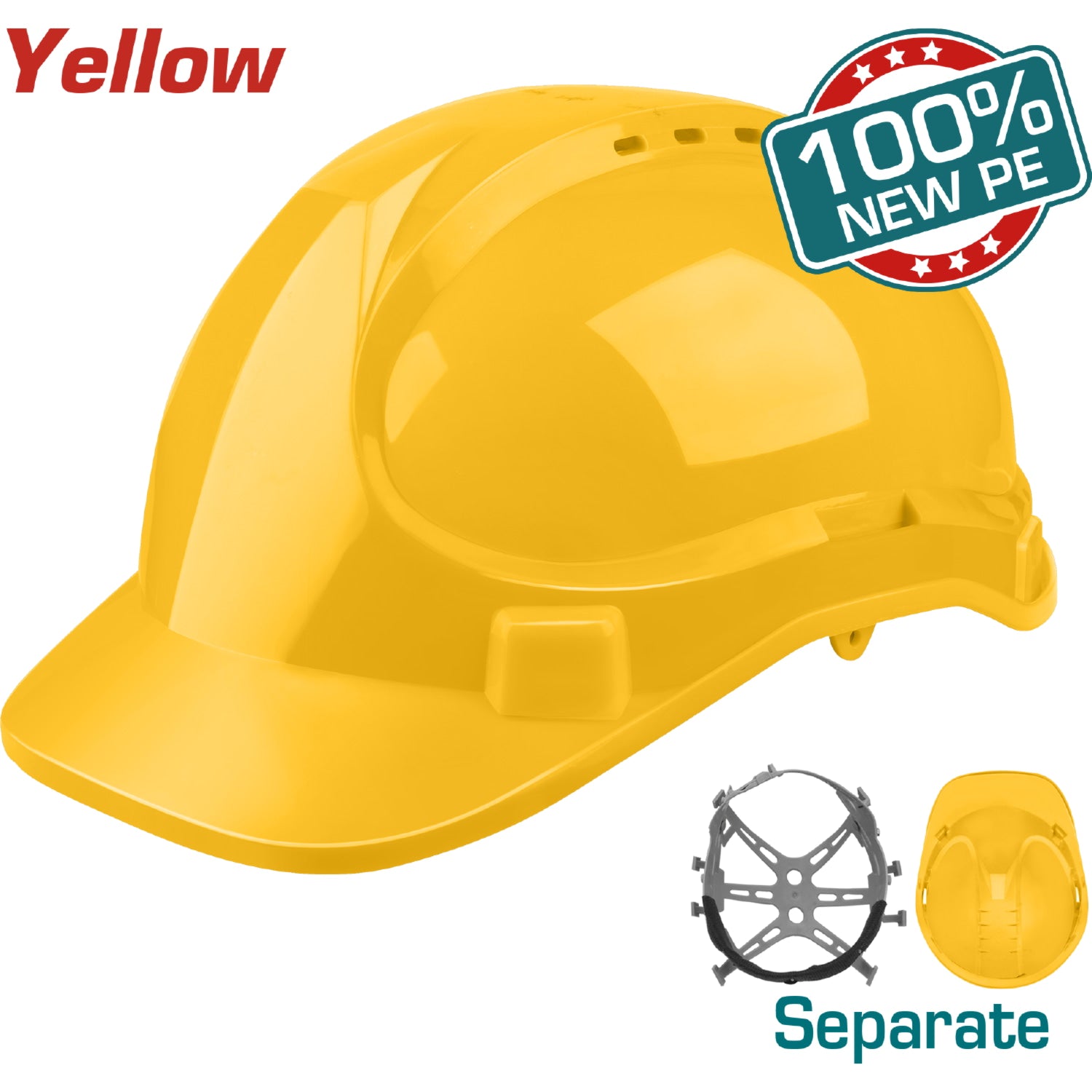 Casco de Seguridad Color Amarillo. 8 Puntos de Suspension. Ajustable. Carcasa de PE con Respiraderos