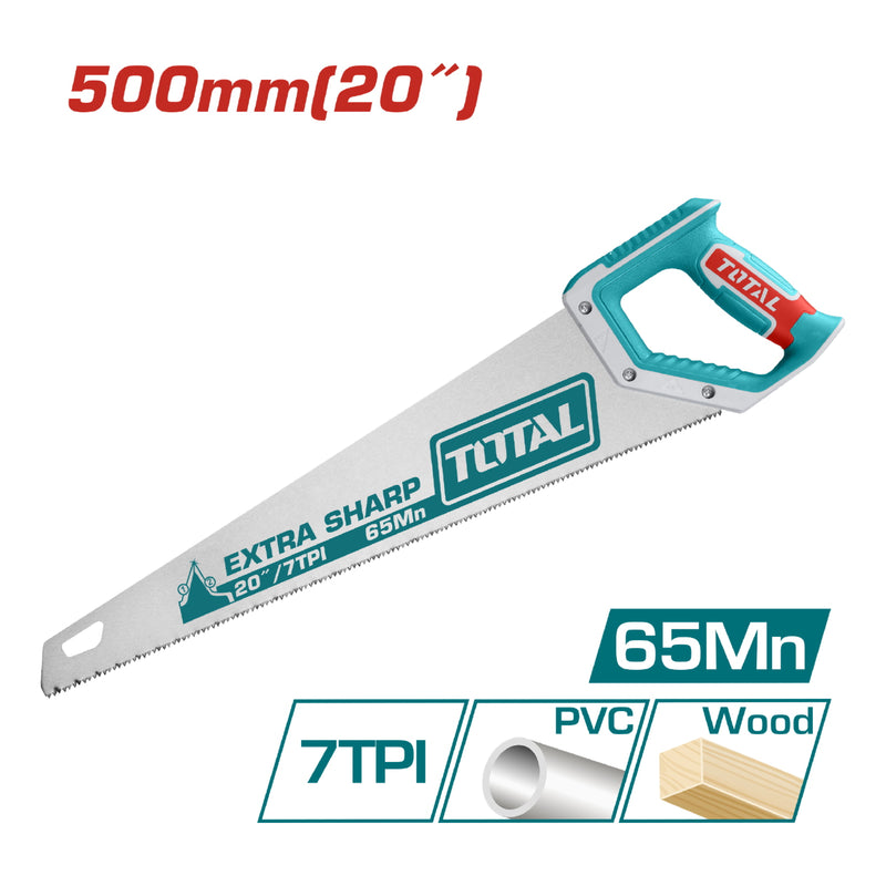 Serrucho de mano 500 mm/20". Espesor 0.9 mm, 7TPI