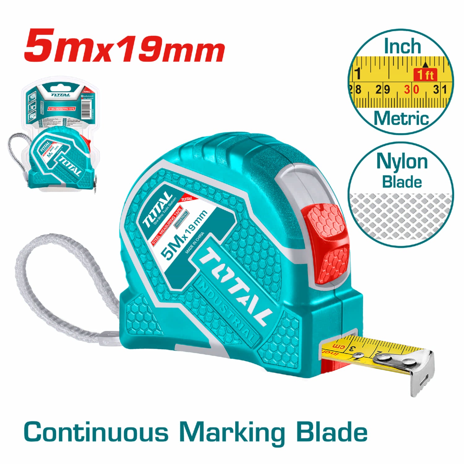 Cinta Métrica (métrico / pulgada). Acero de 5m. Ancho 19mm.