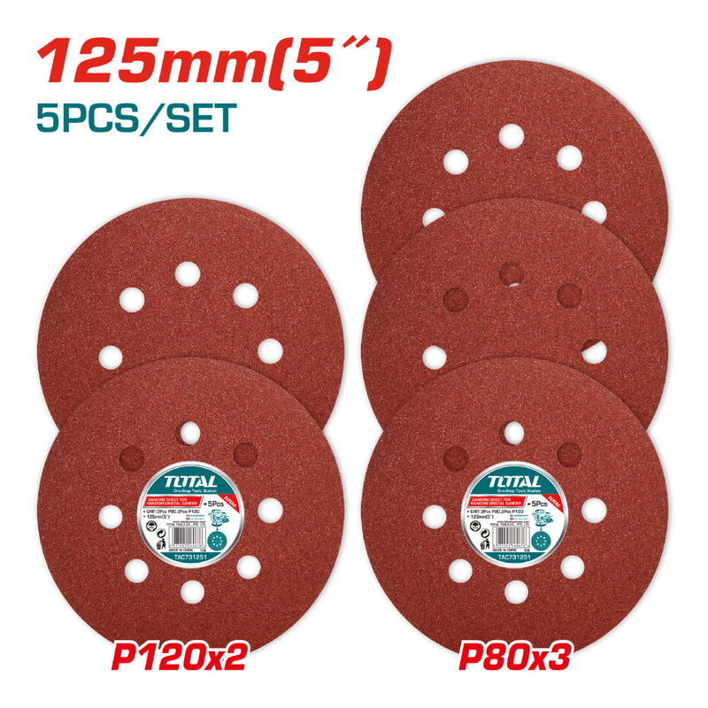 Juego de Discos de Lija para Lijadora Orbital de 125mm. 3 pzas P80 y 2 pzas P120.