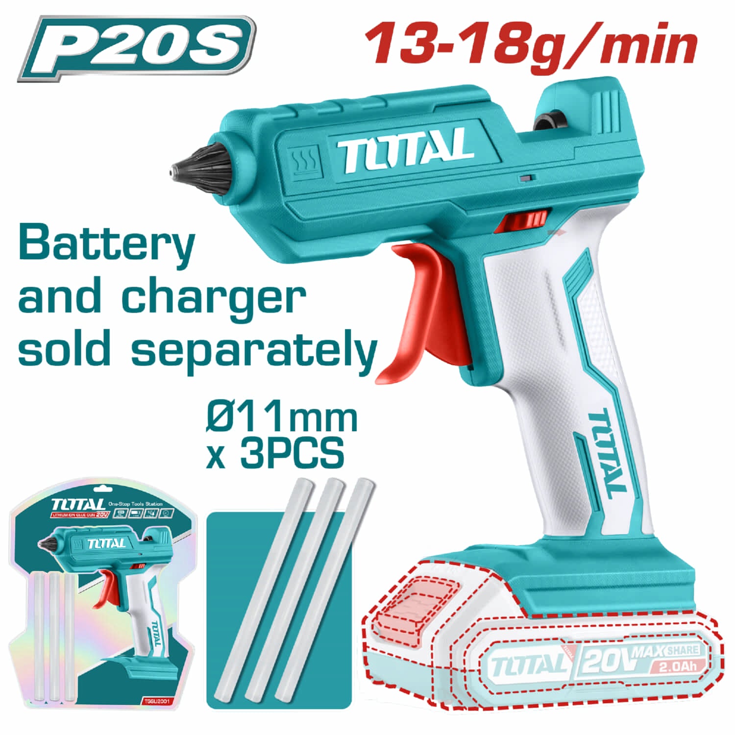 Pistola de silicon a bateria 20V. No incluye bateria ni cargador ( Se vende aparte)