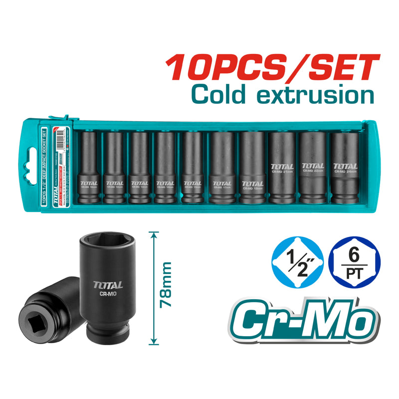 Juego de Dados Socket Largos de Impacto de 1/2" DR. de 10 Piezas. Largo: 78 mm.  CrMo.