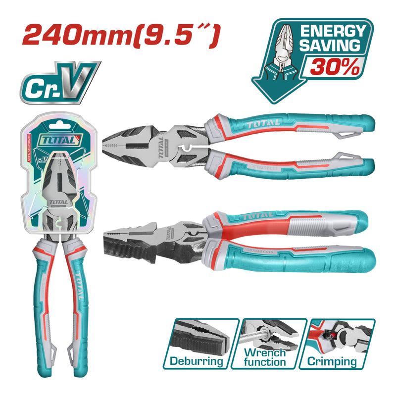 Alicate de combinacion 9.5"/240mm Cr-V. De alto apalancamiento ahorran el 30% de la fuerza aplicada.