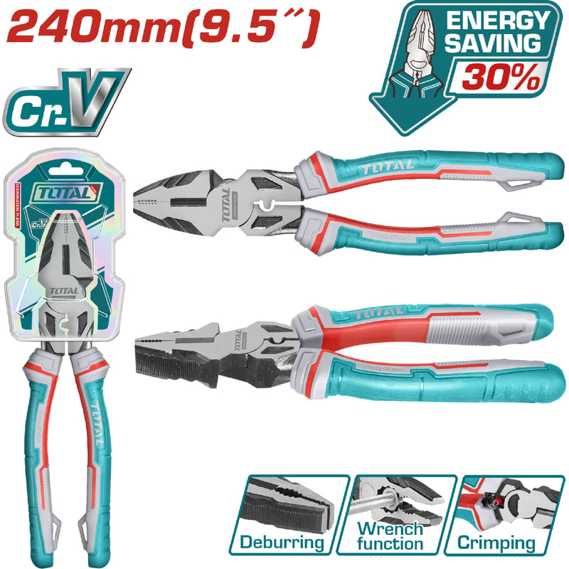 Alicate de combinacion 9.5"/240mm Cr-V. De alto apalancamiento ahorran el 30% de la fuerza aplicada.
