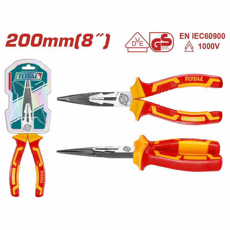 Alicate de Punta Larga de 8" (200mm) de Mango aislado. Acabado Negro Pulido. Soporta 1000 V.