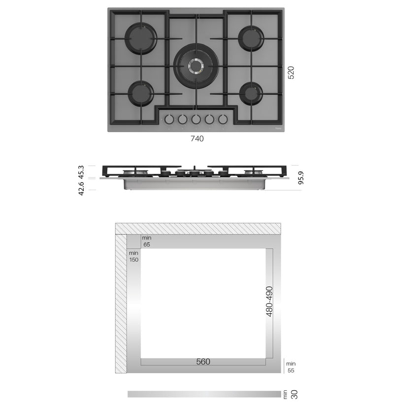 Estufa Empotrable 75 cm BL  Vidrio Templado Negro, 5 Quemadores SABAF + Wok 5kW, 110V