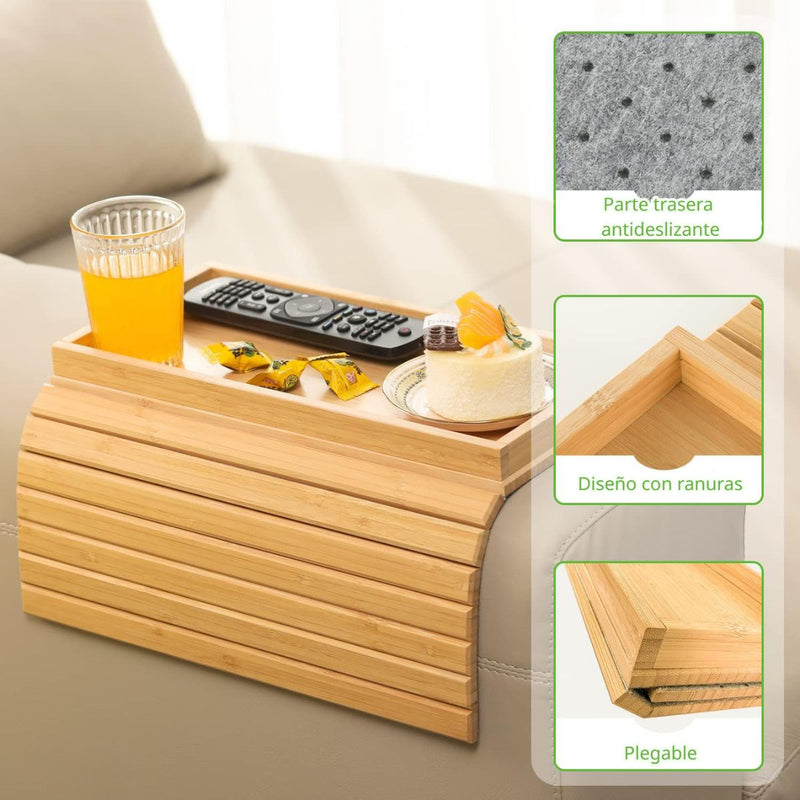Bandeja plegable para sofá. Mesa lateral para brazo del sillón. Ideal para controles y bebidas.