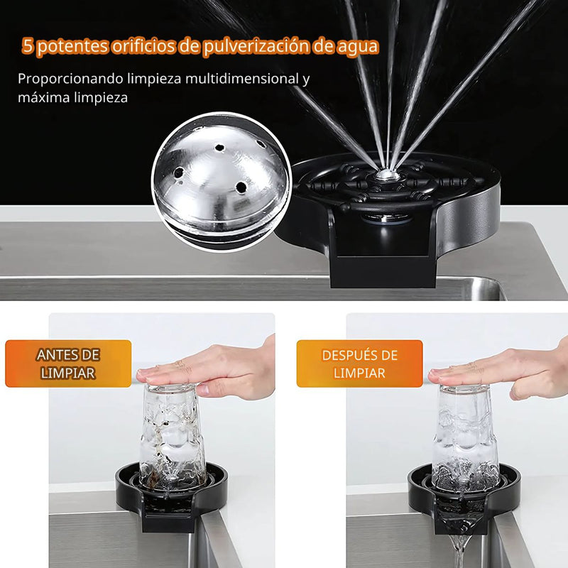 Enjuagador Automático para Vasos y Copas. Limpia Copas para Fregadero. Lavadora de vasos a presión con 5 boquillas.