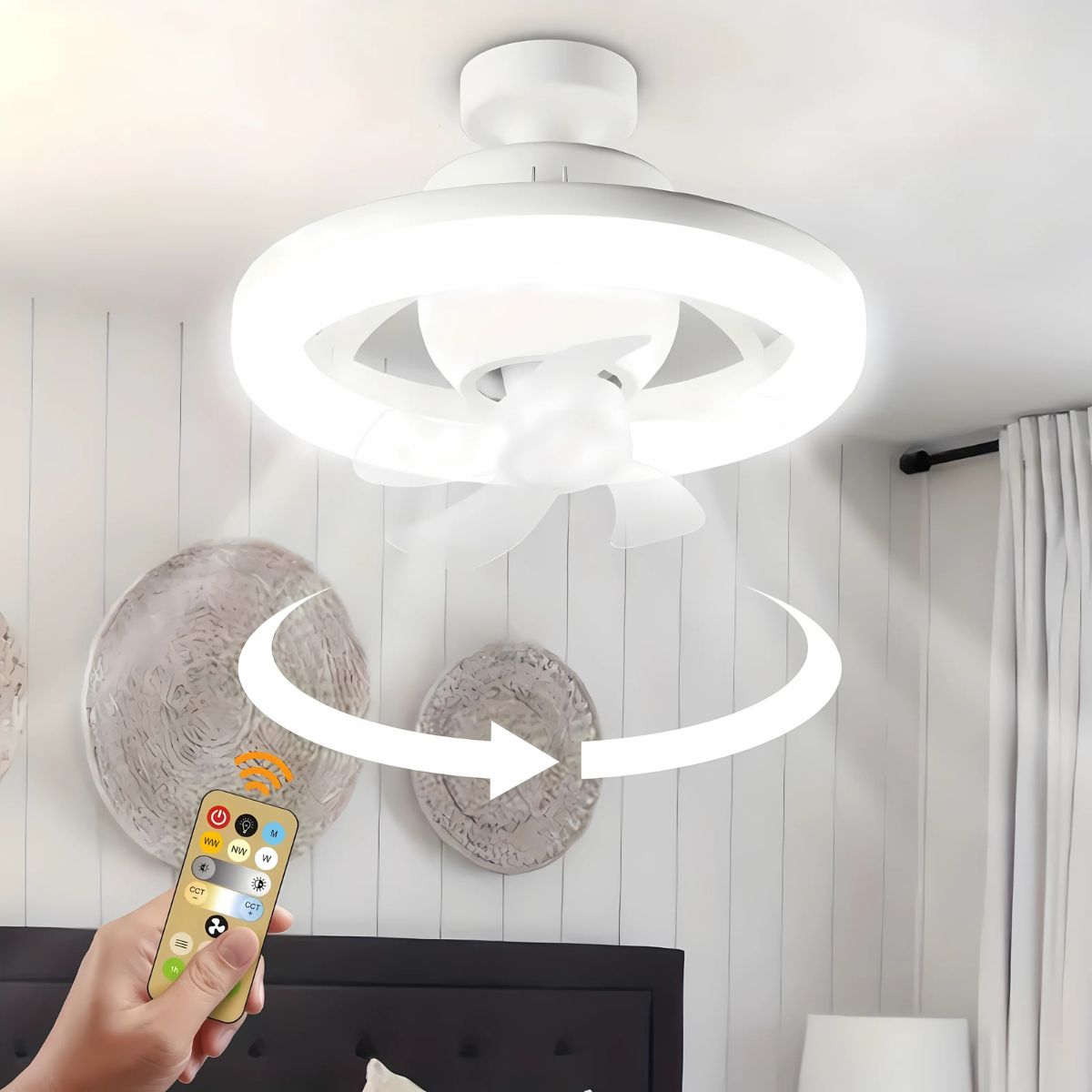 Lámpara De Techo Ventilador 360° Giratoria. Luz LED Regulable. Abanico Silencioso. Socket E27. A Control Remoto. 110V.