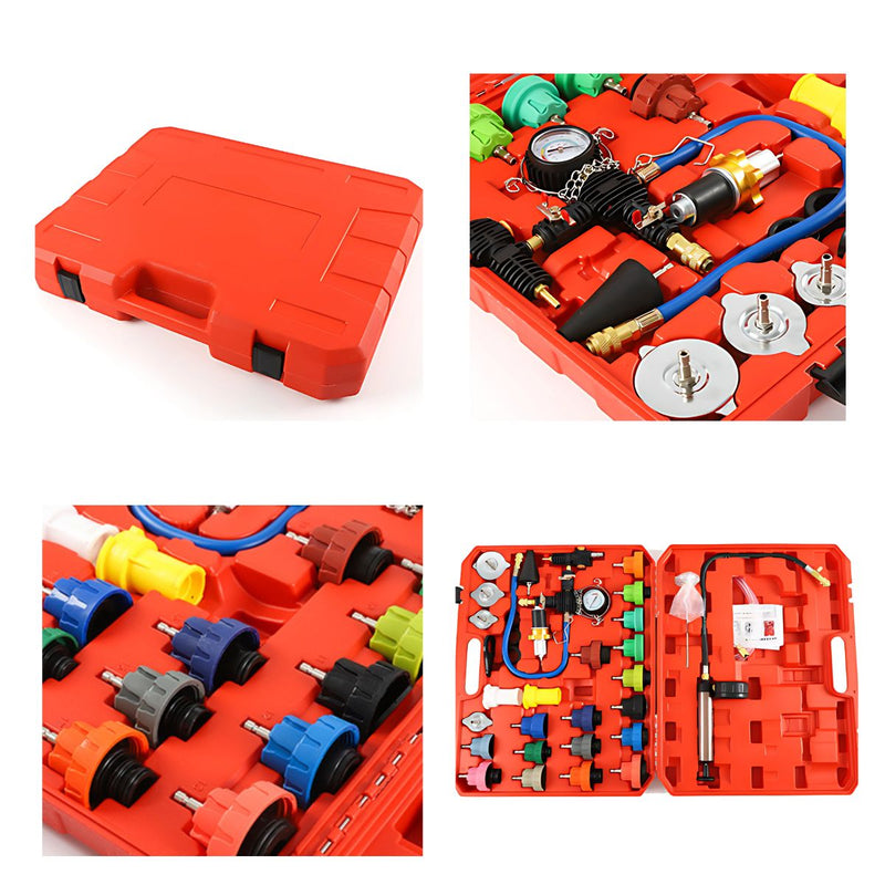 Probador de Presión para Radiador. Kit Set de 34 piezas. Con Adaptadores Universales y Manómetro. Prueba de Fugas en Radiador.