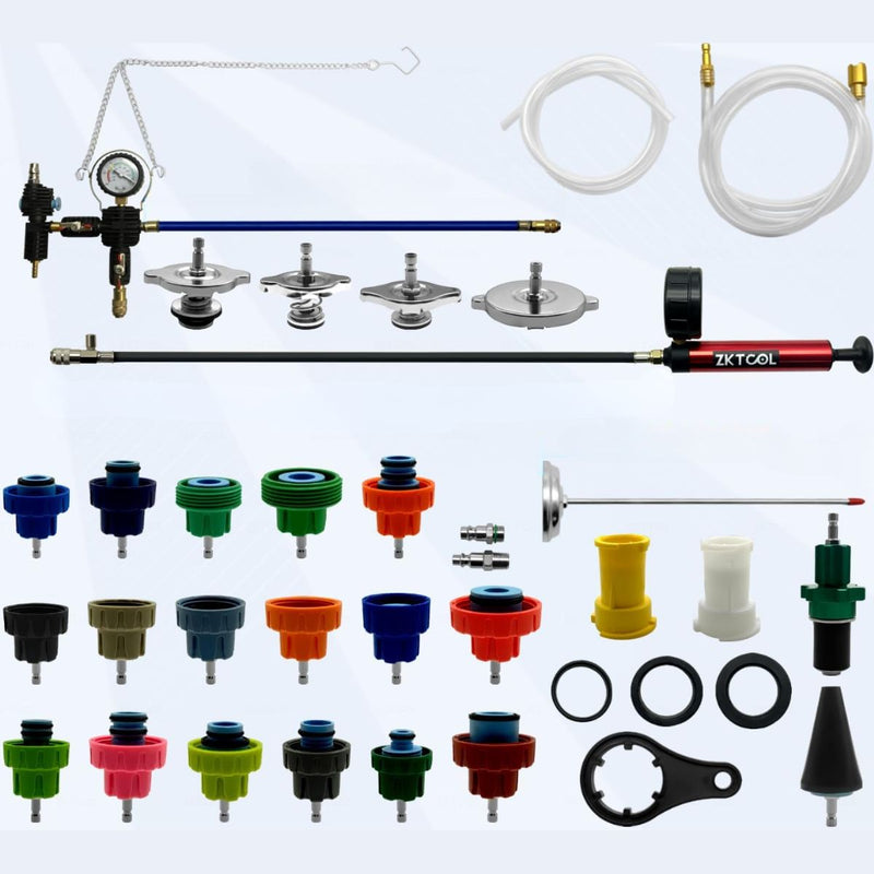 Probador de Presión para Radiador. Kit Set de 34 piezas. Con Adaptadores Universales y Manómetro. Prueba de Fugas en Radiador.