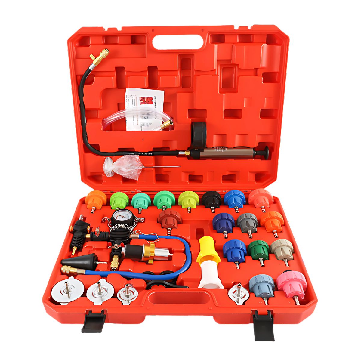 Probador de Presión para Radiador. Kit Set de 34 piezas. Con Adaptadores Universales y Manómetro. Prueba de Fugas en Radiador.