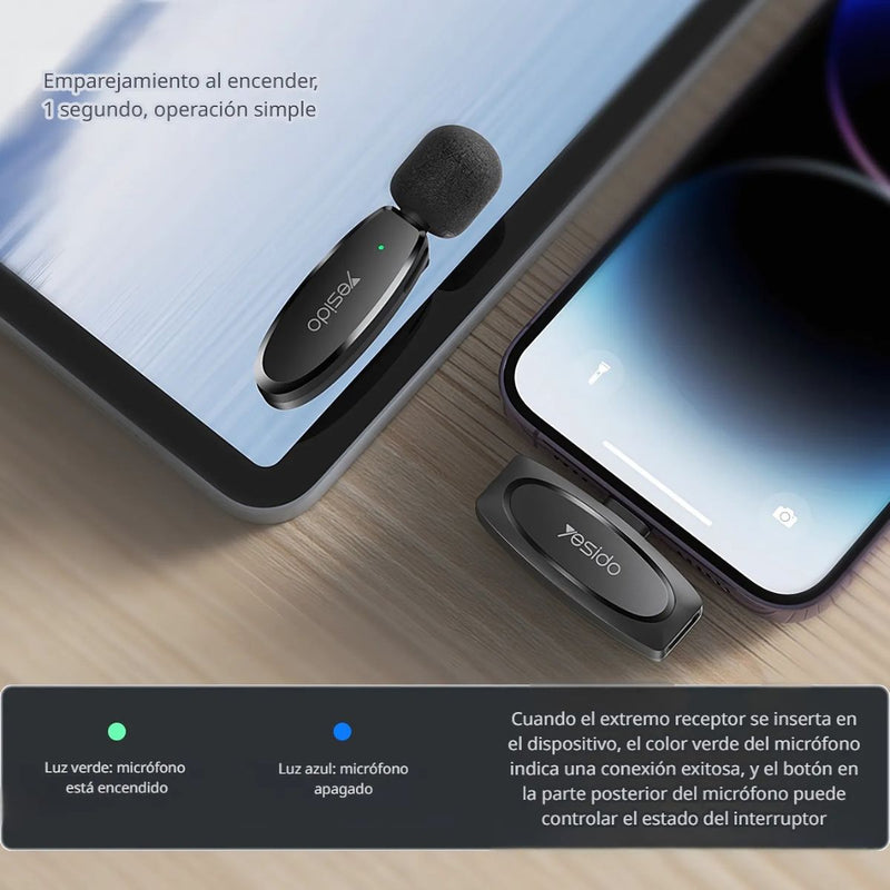 Micrófono Inalámbrico Lavalier Lightning Para iPhone. Ideal para Grabaciones, Streaming y Entrevistas. Alcance 20M y Cancelación de Ruido.