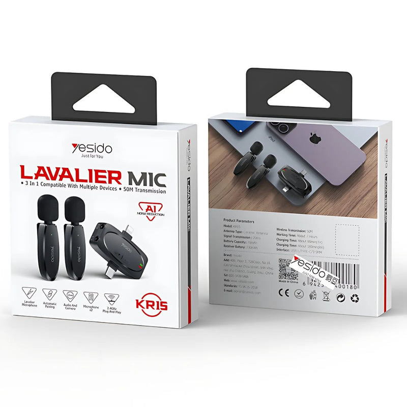 Micrófono Inalámbrico Lavalier Doble Conexión USB-C y Lightning. 50M de Alcance. Grabación Profesional para Video y Streaming.