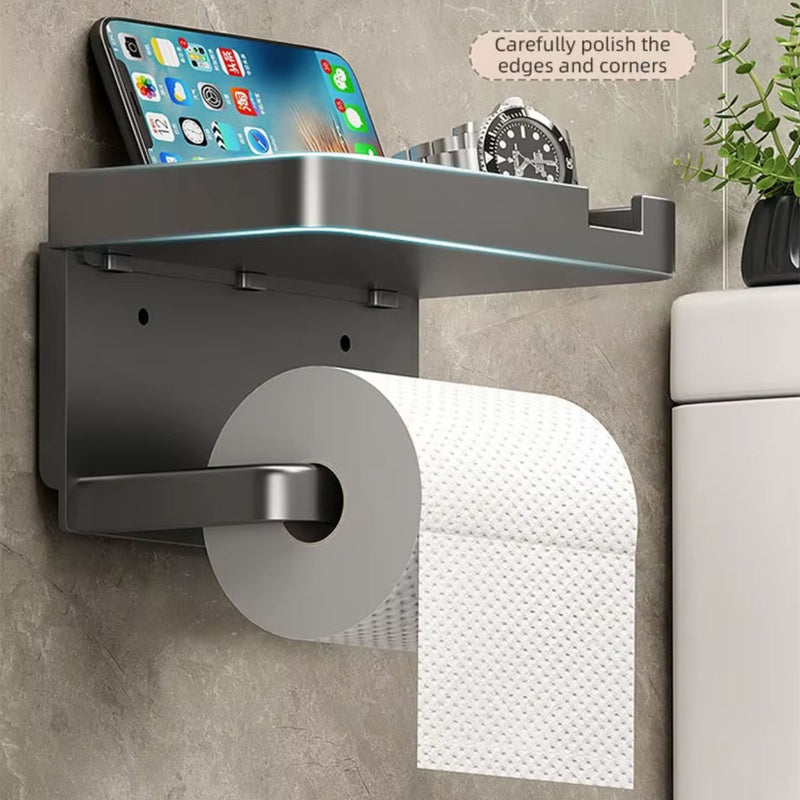 Portarrollos de Papel Higiénico con Bandeja soporte para celular. Color gris.